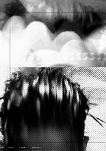 A page of two black and white abstract images cut in half. The top is an eerie, dreamlike collage of photographs layered together and the bottom is the back of a head, with a dotted half-tone filter overlayed. A thin black rectangle borders the page.