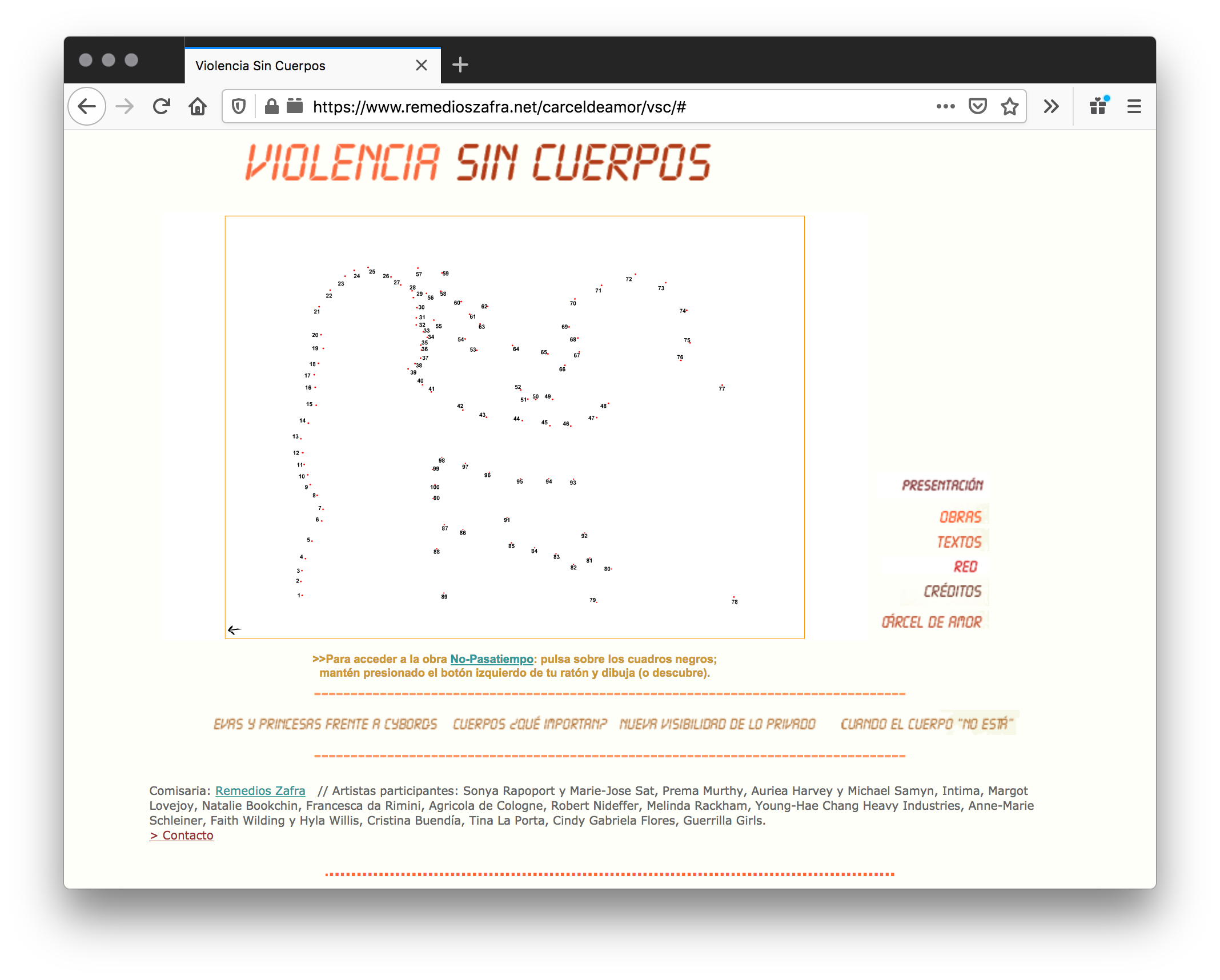 Screenshot of Violencia Sin Cuerpos has a white background and a connect-the-dots image