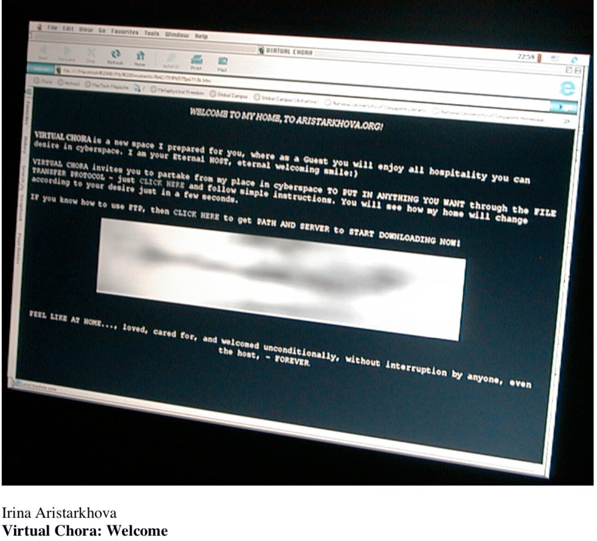An. image of a black webpage with white text excitingly welcoming the viewer to the to their home,  Aristarkhova.Org. In the center is a long rectangular white image with blurry black streaks.