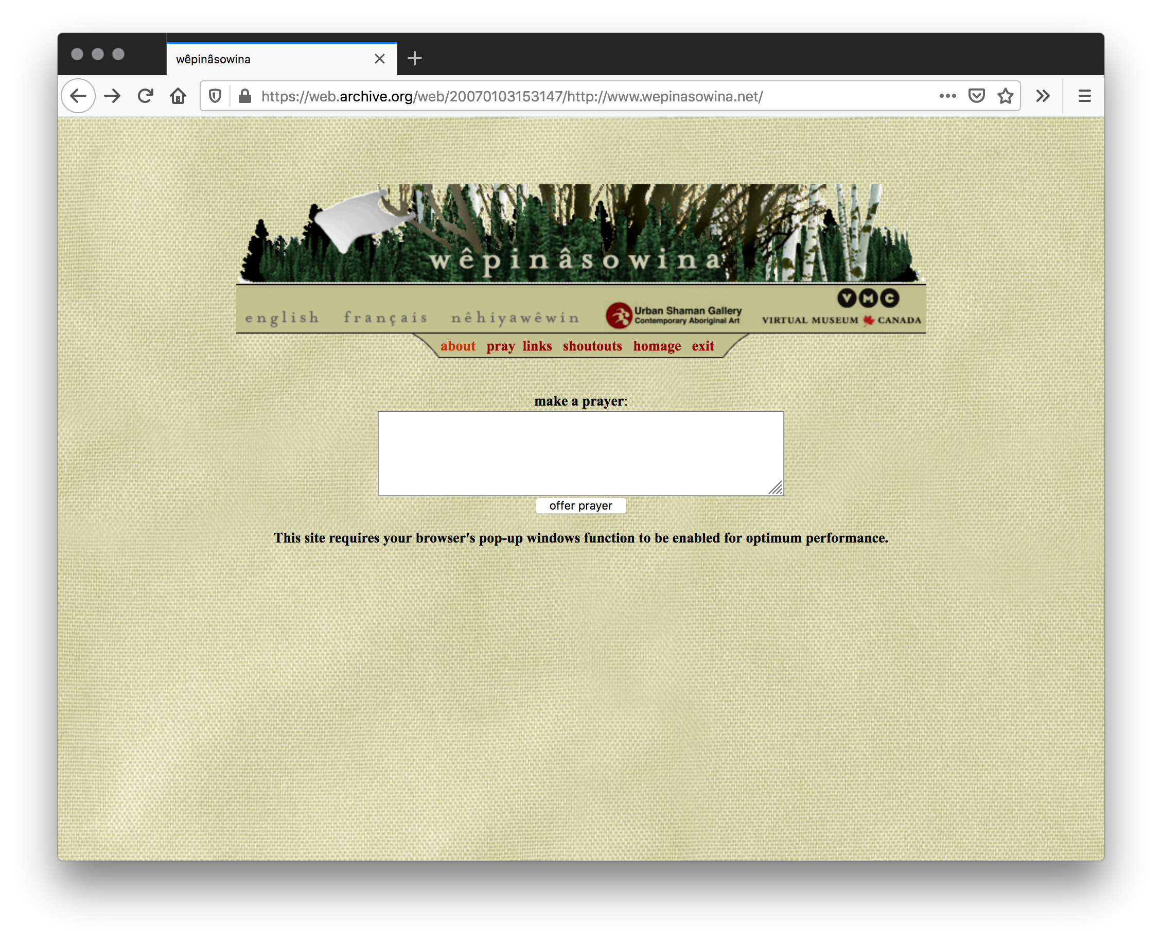 Website screenshot with a beige background. A banner with a forest sits on the top with a text field below.