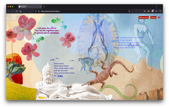 a digital watercolor illustration of a sculpture on a hill, with swaths of color in the clouds, orange cloud and lizard, blue cloud and man, red swatch and flowers