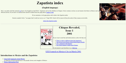 screenshot of website with pale yellow background, serif type in prof doc style. Header reads “Zapatista Index”