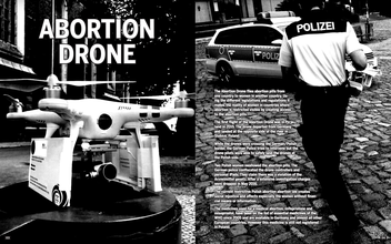 Black and white photographs. The left has an image of a drone with "Abortion Drone" in large white text. The right has an image of a German policeman running to his car with paragraphs next to paragraphs of white text.