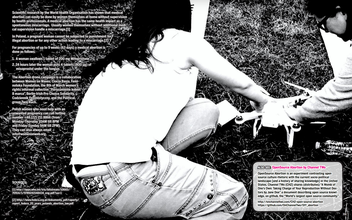 Black and white candid photo of of two people sitting on the grass, configuring the drone. The left is lined with paragraphs of white text. The bottom right corner has a white box with a pink title and black text.