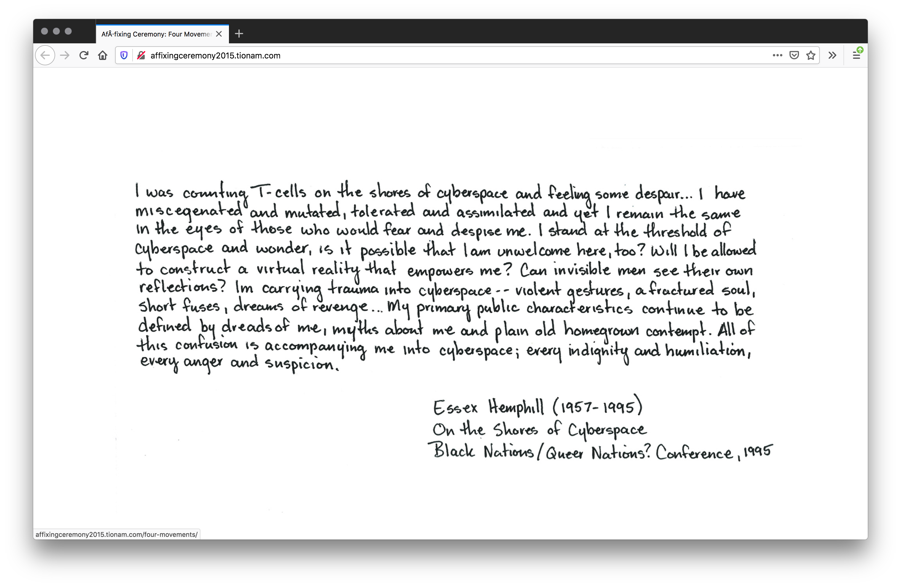 Screenshot of white webpage filled with a block of handwritten text, like a journal entry, signed and dated.