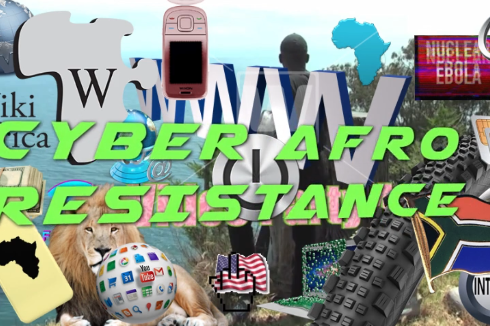 Video still with a collage of internet ephemera like the www or the wikipedia logo with Cyber Afro Resistance in large slanted green text on top