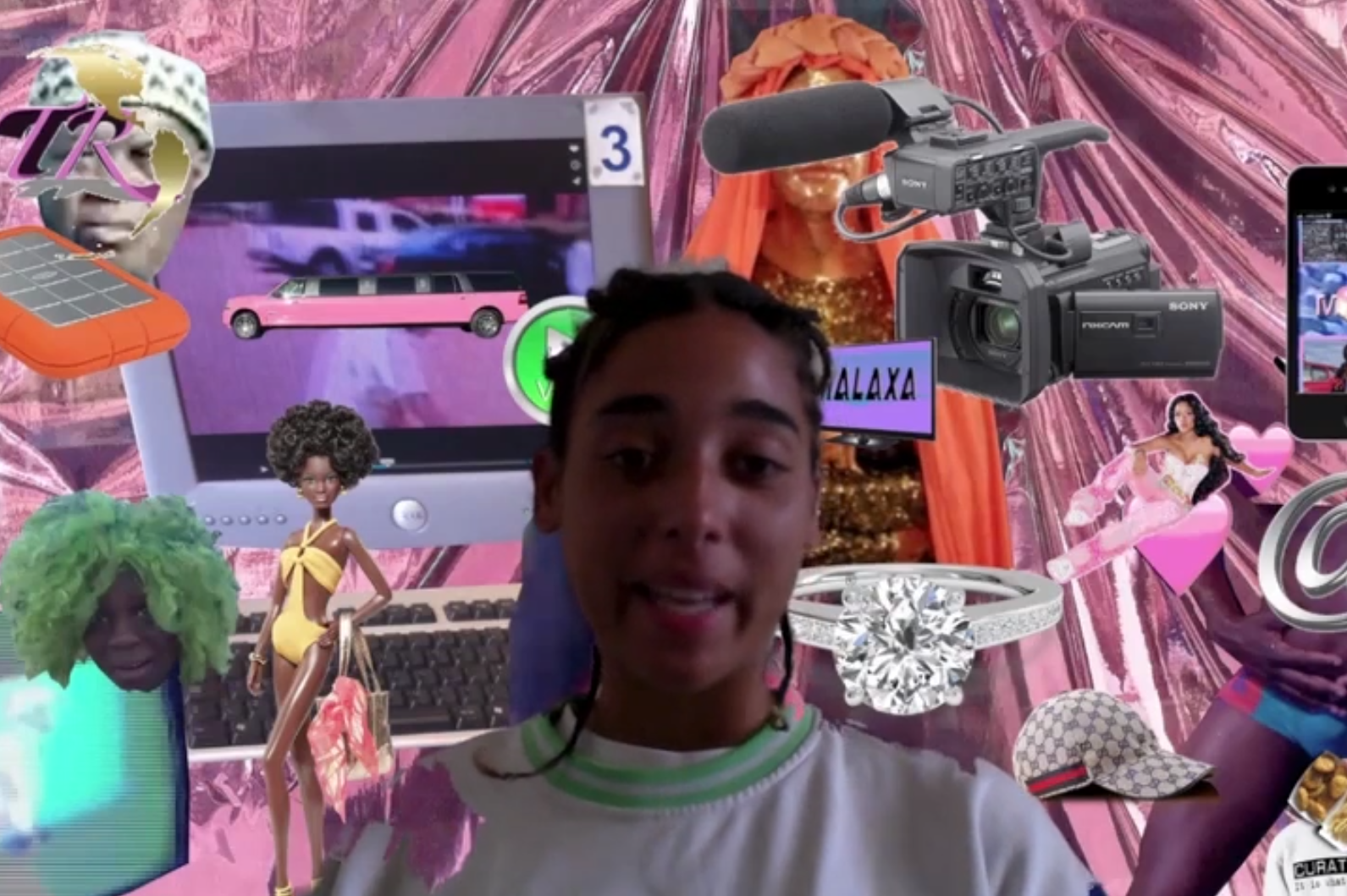 Video still of Tabita Rezaire in front of a collage of internet ephemera floating in front of a pink background