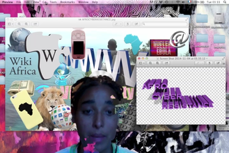 Video still of Tabita Rezaire sitting in front of floating internet browsers on a pink desktop background