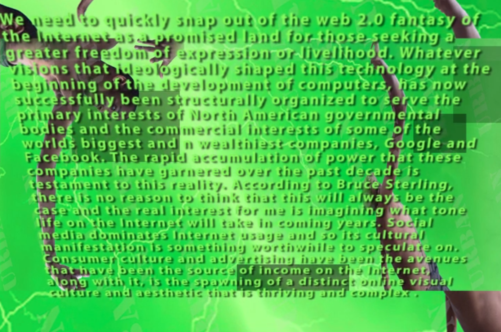 Video still of a paragraph of skewed text on top of a green background with floating people