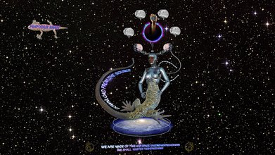 A lizard alien with a metallic female torso connected to its helmet of arms holding brains as horns sits on a galaxy spiral in an open twinkling black sky. Above, hands holding a colorful object stick out of a glowing portal circulated by metallic brains.