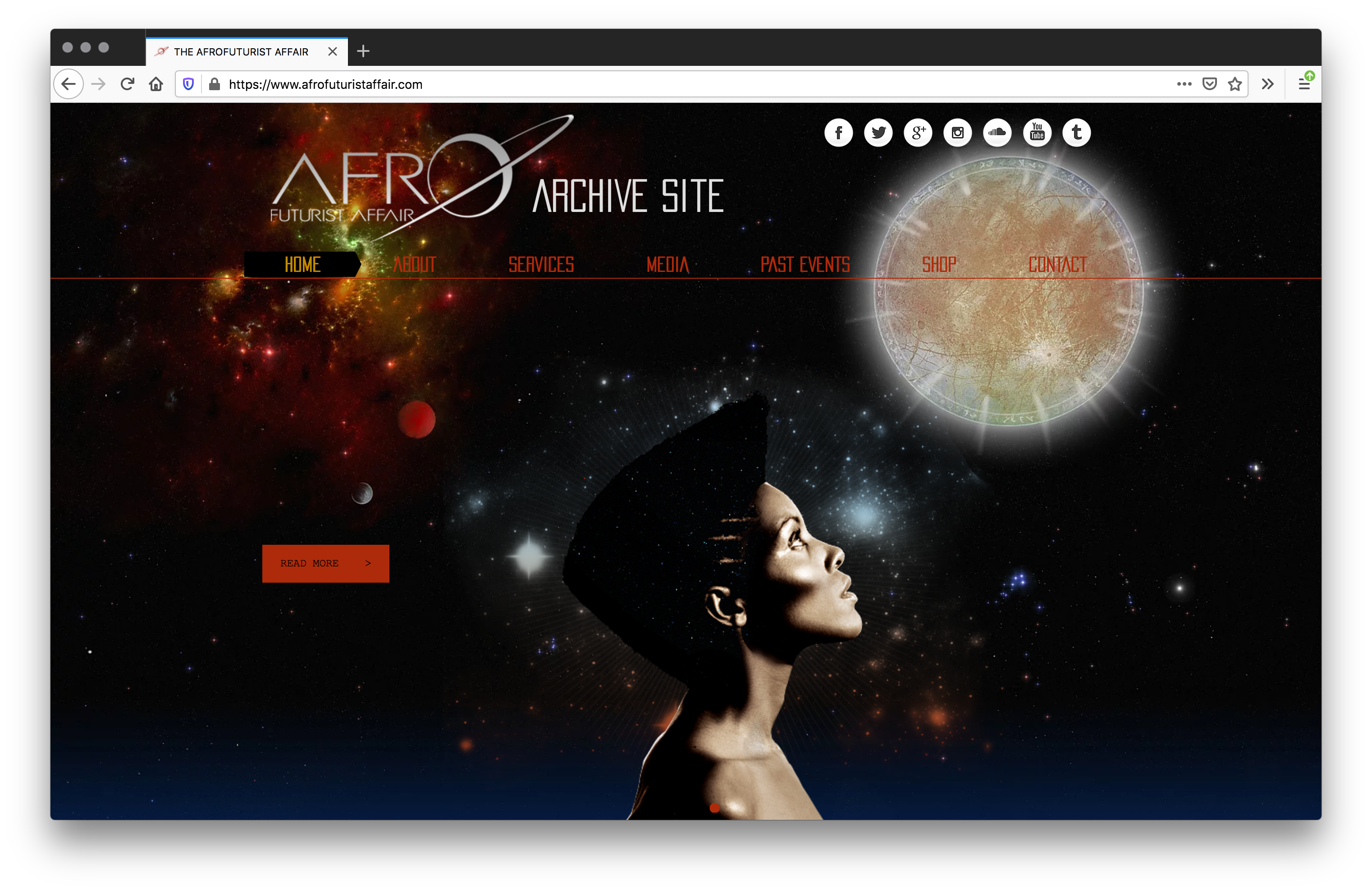 Screenshot of a webpage with a galactic background and a dark skinned woman looking up to a brightly lit globe on the top right. The header has a futuristic space logo and a row of red text above red line. A red "Read More" button sits in the middle left.