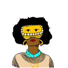 A graphic illustration of a person with dark skin, red lips, and black hair wearing looking up while wearing a yellow VR headset, golden jewelry, and a bright blue collar scarf.