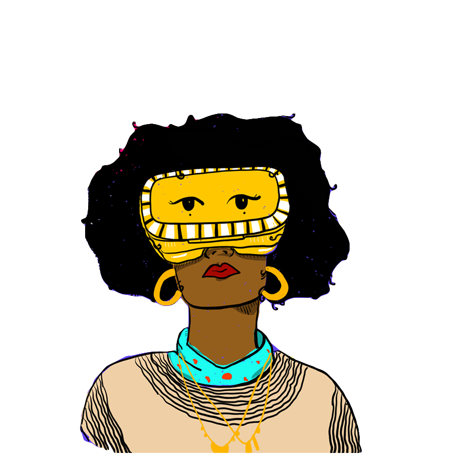 A graphic illustration of a person with dark skin, red lips, and black hair wearing looking up while wearing a yellow VR headset, golden jewelry, and a bright blue collar scarf.