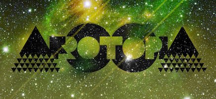 A green and yellow twinkling galaxy with "Afrotopia" typed in a futuristic and alien black font playing with the symmetry of the letters placed largely in the center.