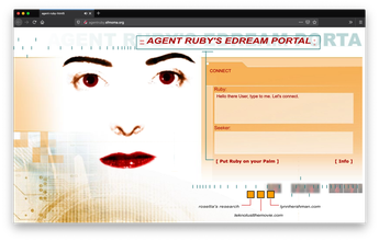 Screenshot of Agent Ruby's Edream Portal showing a photo of Ruby's face overlayed on a mechanical tech textured background. To the right is a chat box in the guise of an orange file folder.