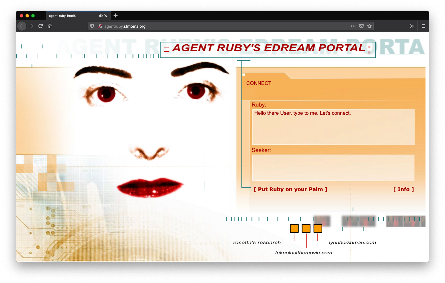 Screenshot of Agent Ruby's Edream Portal showing a photo of Ruby's face overlayed on a mechanical tech textured background. To the right is a chat box in the guise of an orange file folder.