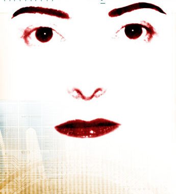 Image of a woman's face zoomed in washed out in white filled in with a red filter on the facial features overlayed on a grid background with mechanical objects.