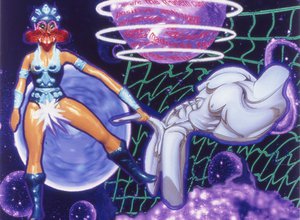 A female almighty figurine swings a metallic statue of a chiseled male without a head its long genital, about to release it into the violet vapor-wave matrix where you can see the stars, planets, and a mesh of the fabric of the galaxy.