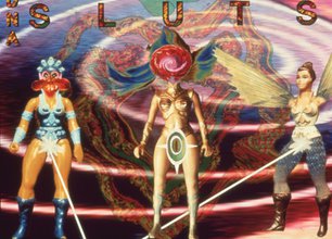 Three powerful female DIY alien warrior animated dolls stand in formation. Two have lasers shooting from their genitalia as weapons and the middle figure has a virus eye instead. Behind a white whirlwind and abstract thermal royal icon.