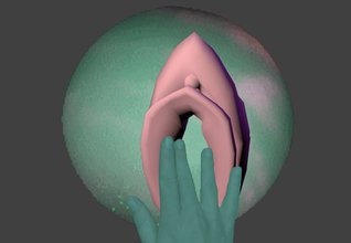 digital render of a pink vulva and green fingers along the edge
