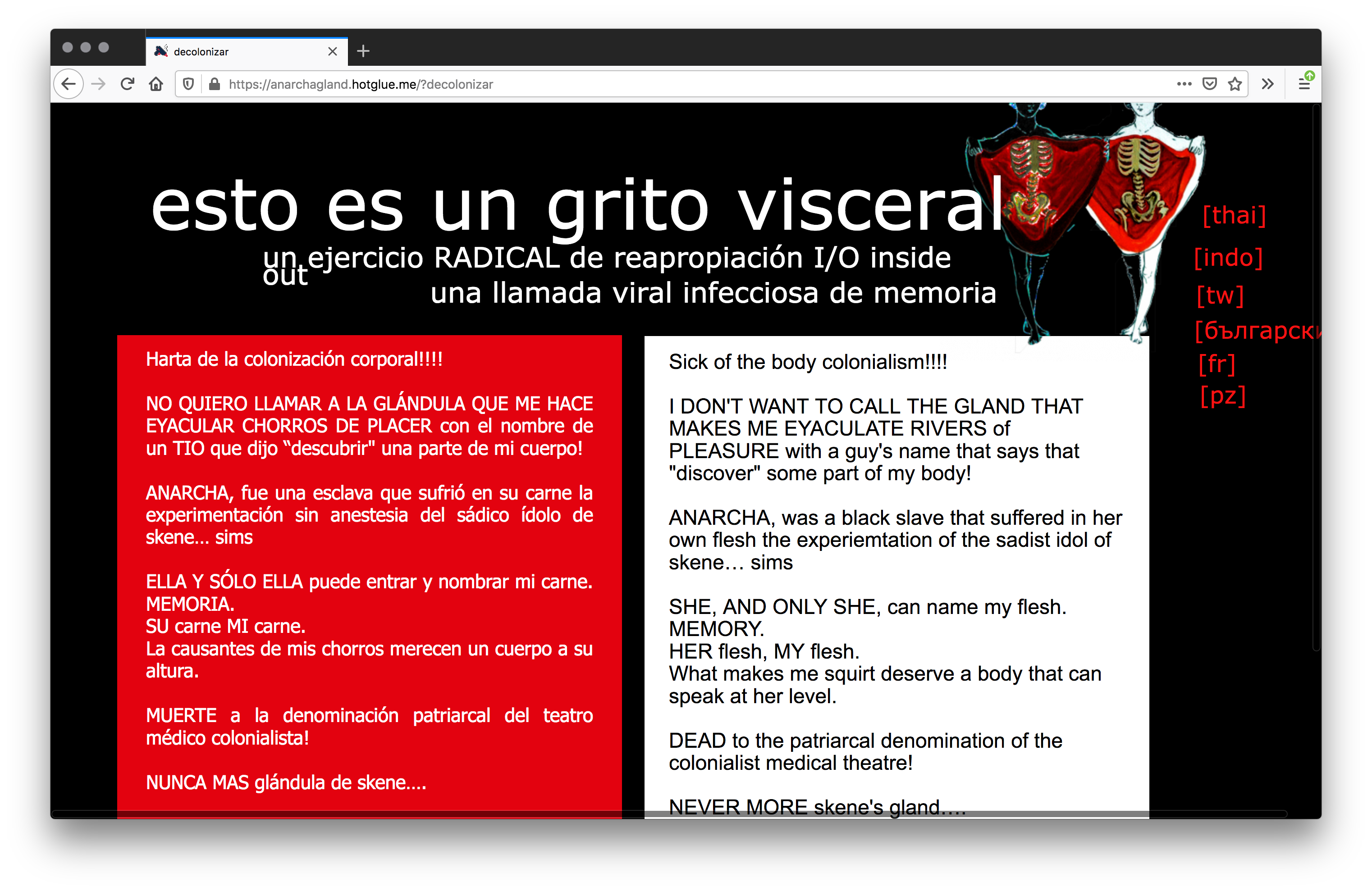 Screenshot of black webpage with large white text as its header with an illustration of two girls opening their torsos like curtains, exposing skeletons on the top right. The page is split into a red and white rectangle with white and black text.
