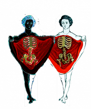 An illustration of two girls opening their torsos like curtains, exposing a red cavity holding a skeleton. The girl of the left is in black with blue short curly hair and the one on the right is white with black hair.