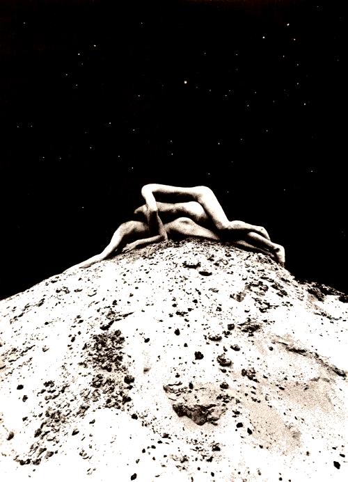 Collage of a black and white sepia filtered photograph of a a rocky mountain that has naked bodies without heads lying on top of each other. Behind are bright stars dotted throughout a black sky.