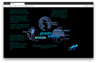 Screenshot of a black webpage with paragraphs of teal text throughout. The center has three blue circles with graphic drawings and labels of biological diagrams surrounding "glands" typed in blue.