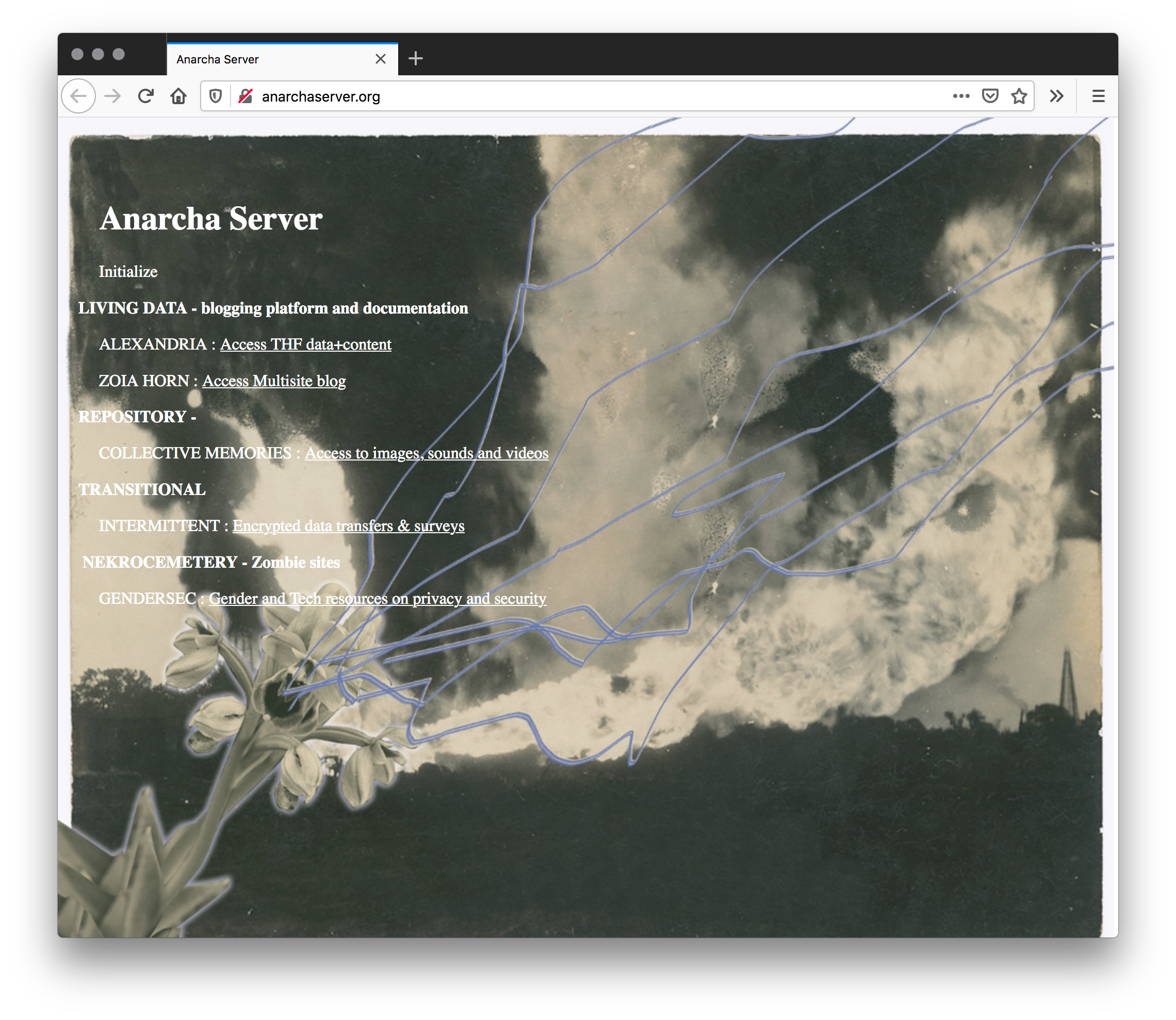screenshot of Anarcha Server website is grayscaled with a flower in the bottom-left blooming into clouds of smoke