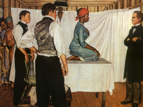 An illustration of Anarcha kneeling on a table in front of three white men