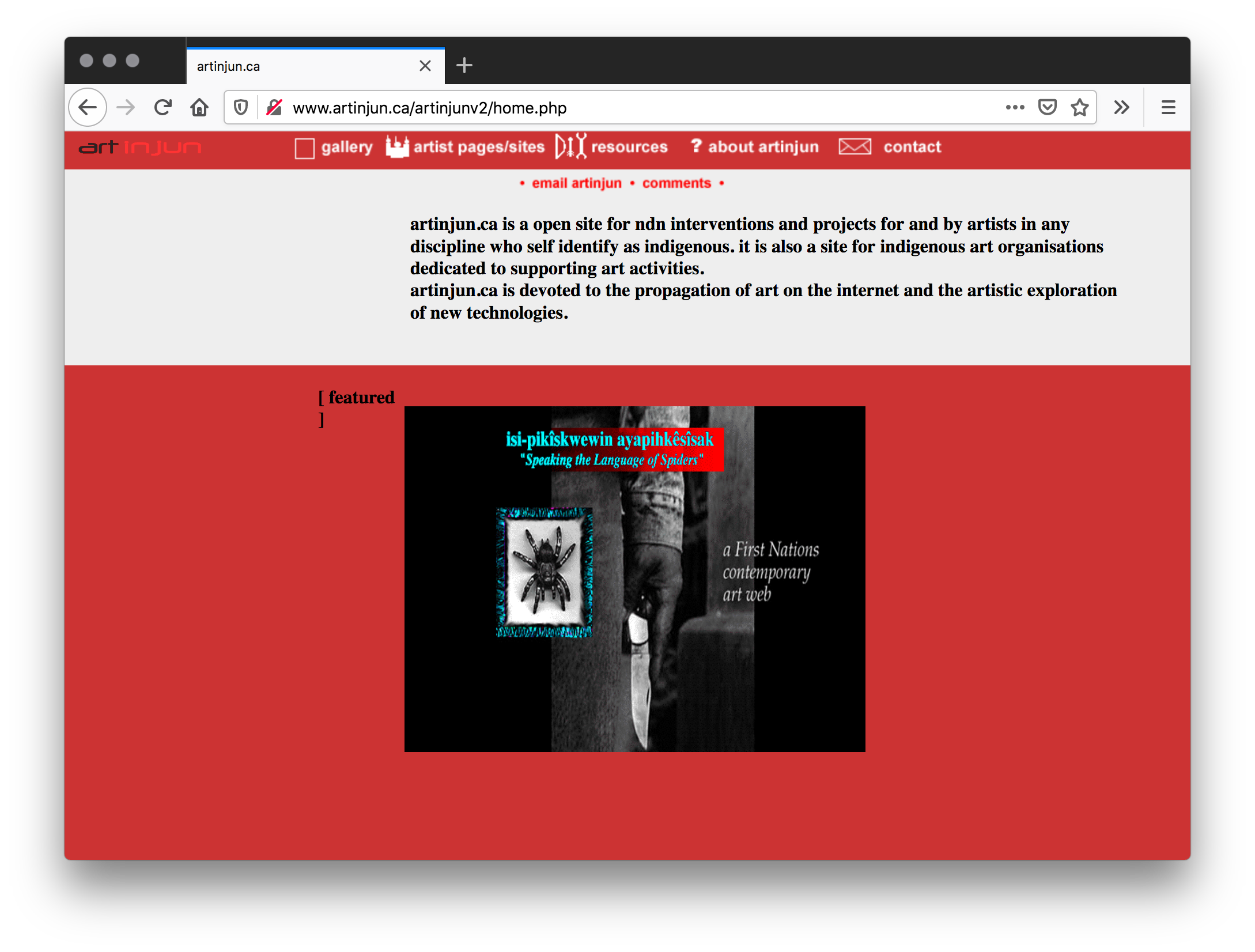 Screenshot of a website with a red background. There is a gray stripe at the top with descriptive text. Below this there is a still from Speaking the Language of Spiders.