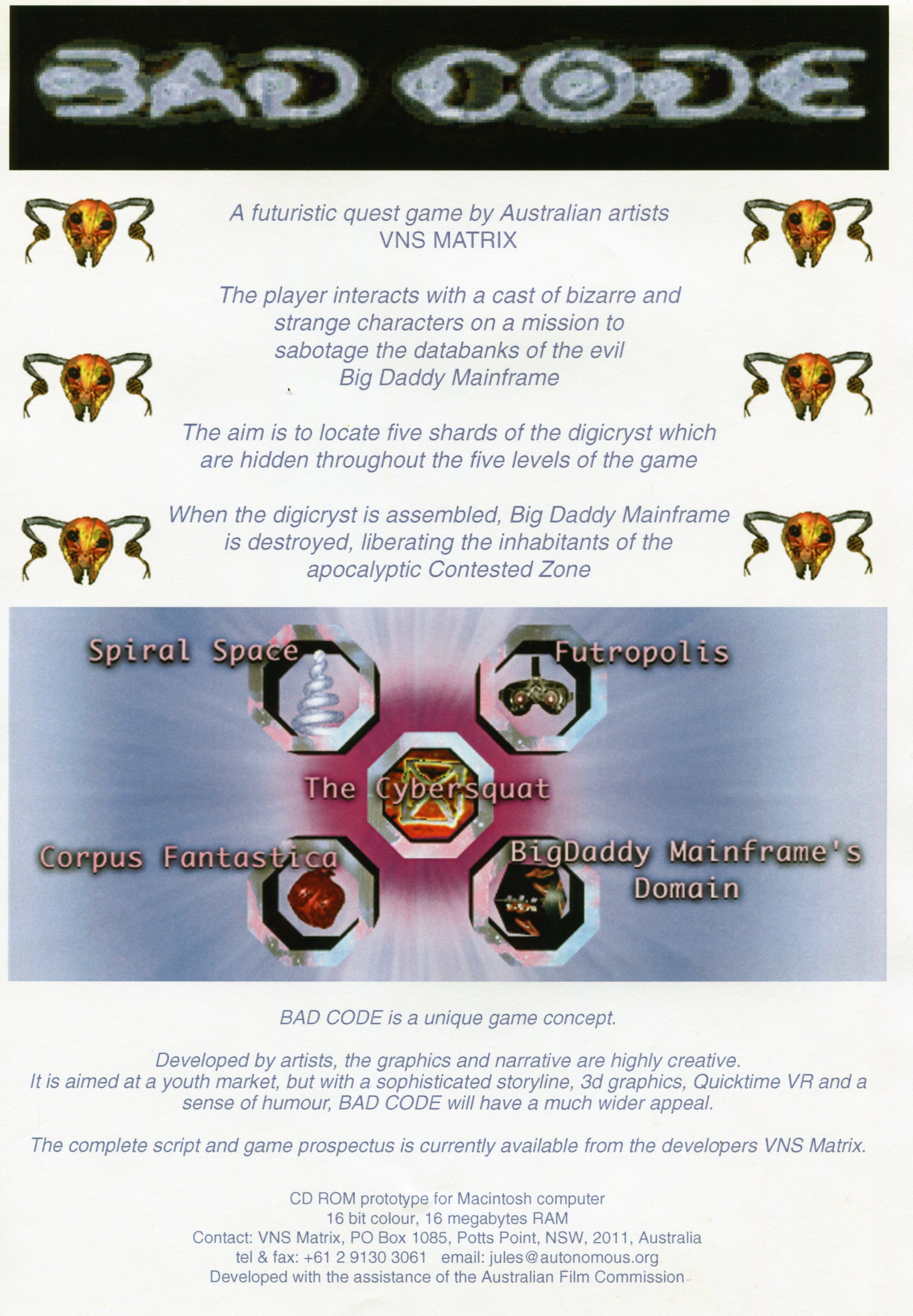 A white poster with a black "Bad Code" header, blue text in the center, and columns of part-deer and part-bug skull icon on both sides. The middle has an image of the Bad Code video game showing icons such as a spiral, a heart, goggles framed.