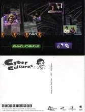 A poster collage with the top half showing a cyberpunk world and screens of dark comedic news reports, the Bad Code logo, and part-deer/part-bug skull icons. The bottom half is a minimal graphic white poster of Cyber Cultures with black text.