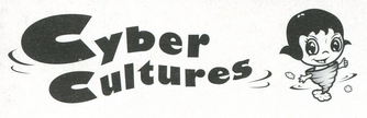 The Cyber Cultures logo typed in a thick funky and retro black font with movement lines on the left and right. To the right is a comic illustration of a girl holding a thumbs up sign inside of a swiftly spinning tornado.