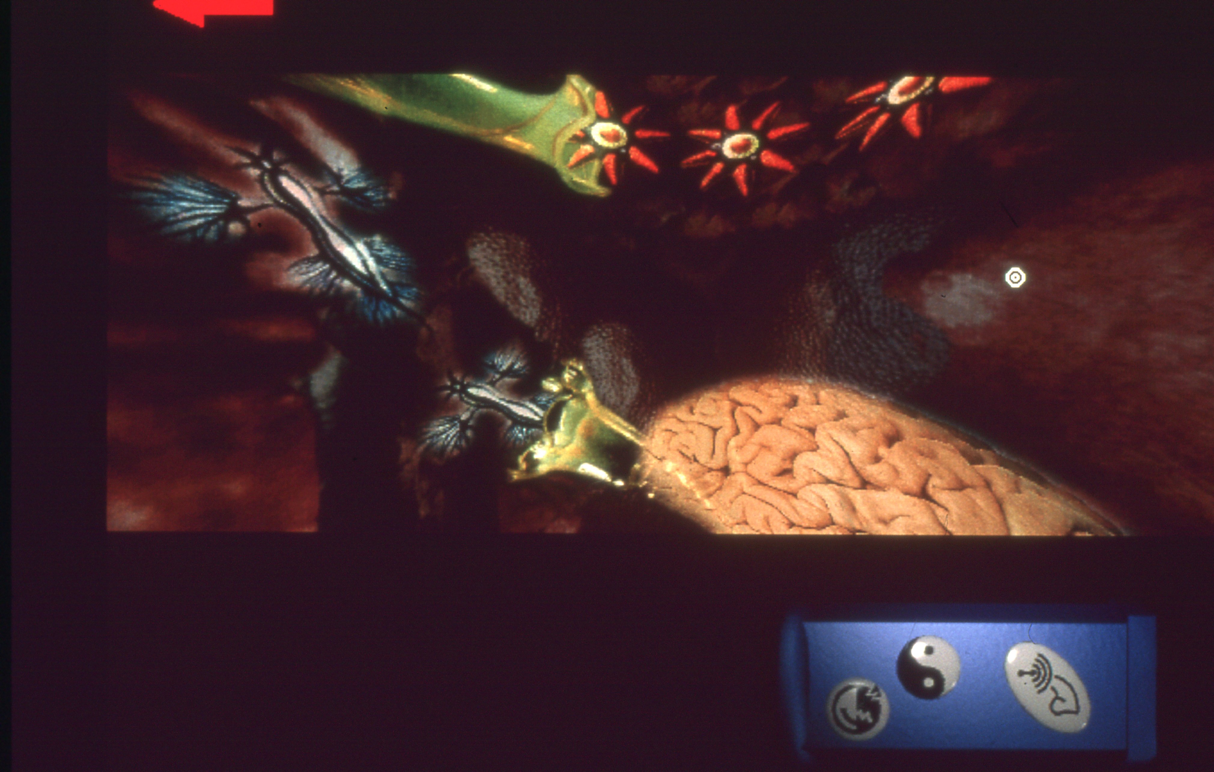 An image of a virtual scene inside a darkly lit red space showing a human brain, bacteria-like spaceships, and red star fish aliens flying out of a green organic tube. A red arrow is on the top left.