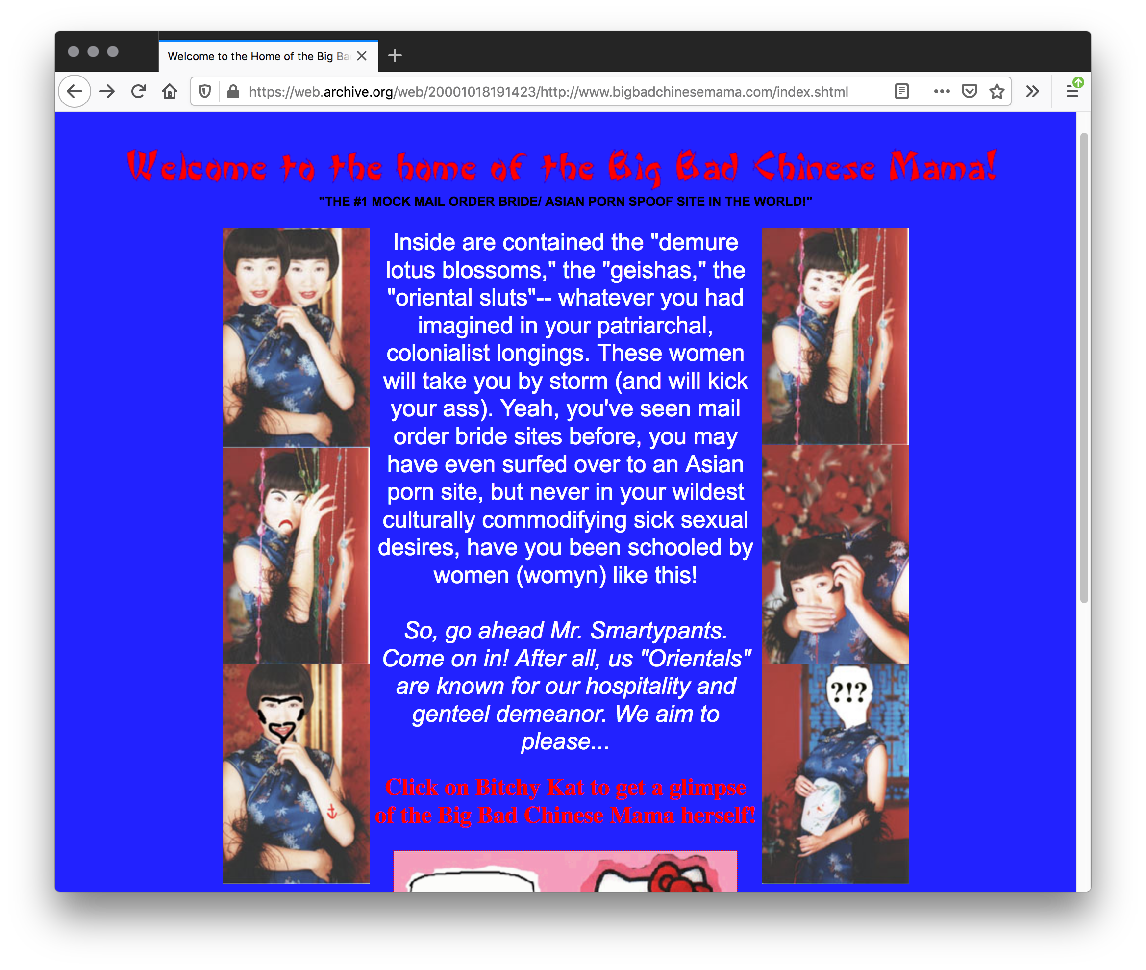 A blue webpage with red text in an oriental font as the header. The center is filled with white and red text in between two columns with images that mock a woman wearing a blue mandarin gown.