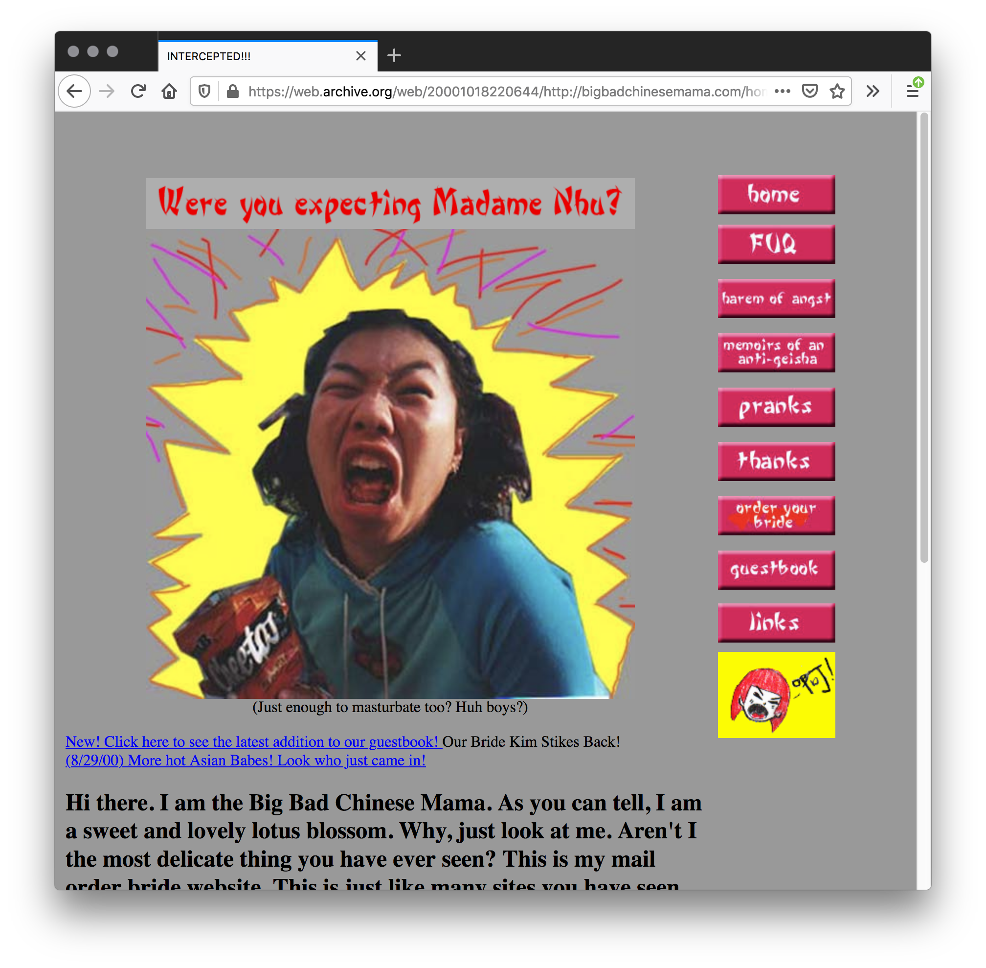 A grey webpage of a comical image of an Asian woman offensively screaming while eating Cheetos with spazzing graphics behind and blue and black text are below. Hot pink buttons create a on the right with a yellow box of a yelling pink-headed woman below.