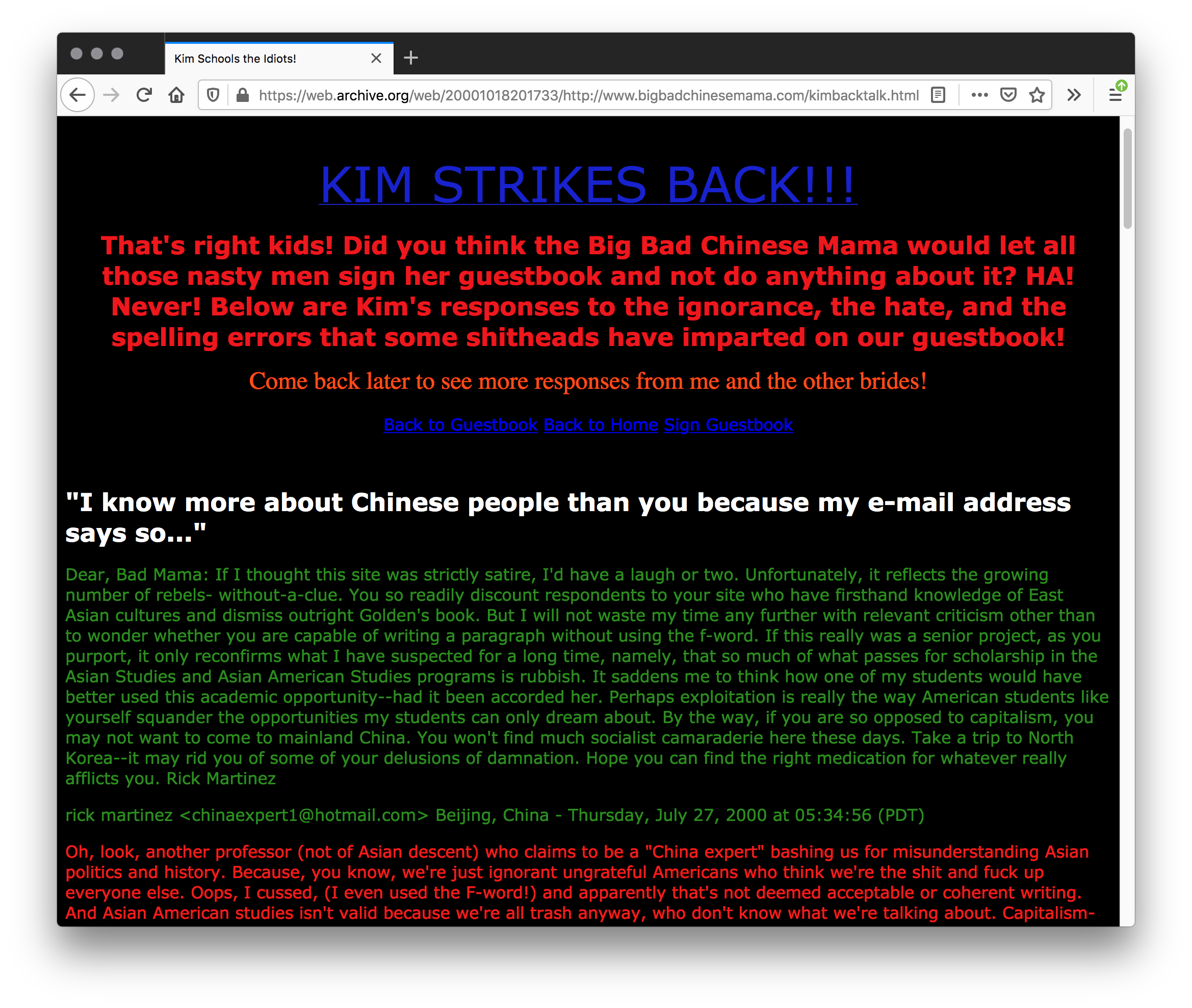 A black webpage overwhelming filled with pagraphs or lines of blue, red, white, and green text.