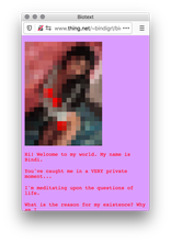 Screenshot of a light purple webpage with a vertical explicit image highly pixelated to create a blur and conversational text in red below.