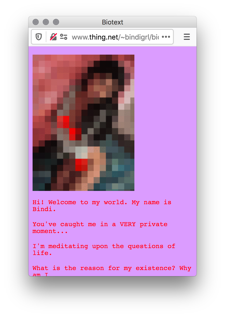Screenshot of a light purple webpage with a vertical explicit image highly pixelated to create a blur and conversational text in red below.