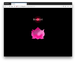 Screenshot of a black webpage with a pixelated pink lotus in the center and a red circle with three red rings behind a text of"BindiGirl" typed at the top.