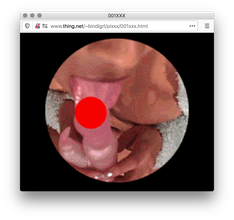 Screenshot of a black webpage with a circle showing low-quality footage of a person giving another person a blowjob, the tip of the penis and tongue covered by a red dot.