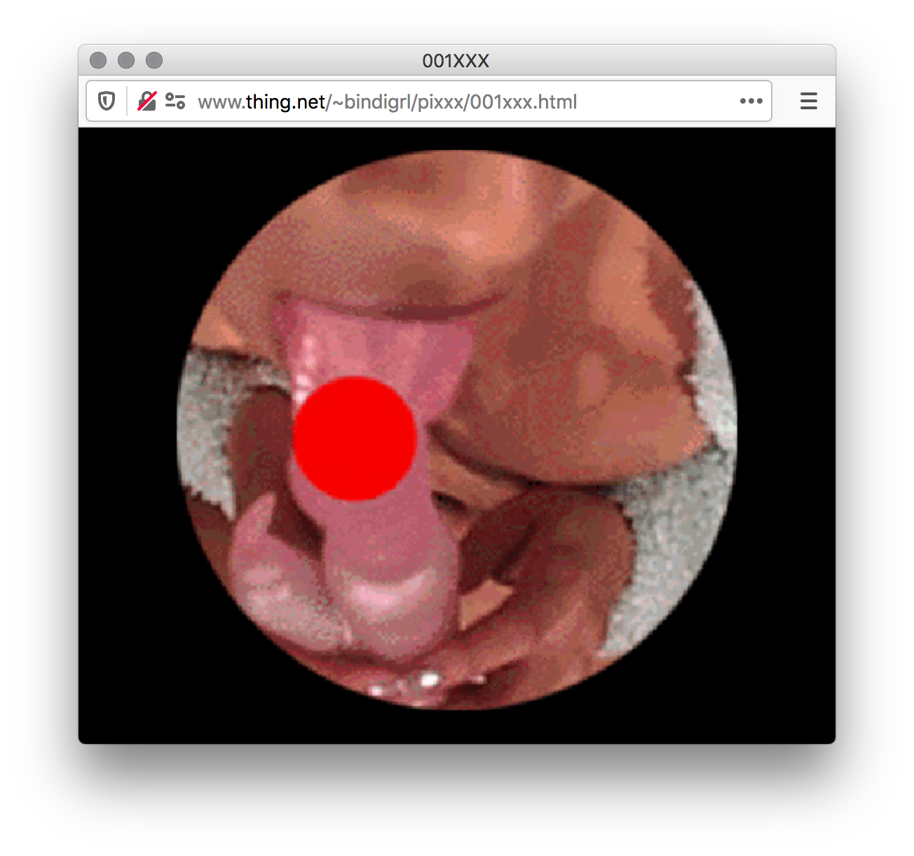 Screenshot of a black webpage with a circle showing low-quality footage of a person giving another person a blowjob, the tip of the penis and tongue covered by a red dot.