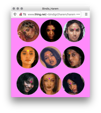 Screenshot of a pink webpage with three columns and three rows of women's faces in circles, all looking very seductively. A graphic circle is placed in between each woman's center of their eyebrows.
