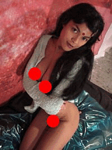 An explicit and sexual image of a woman with a bindi, a decorative mark worn in the middle of the forehead by Indian women, with red graphic circles covering the nipples and genital area.