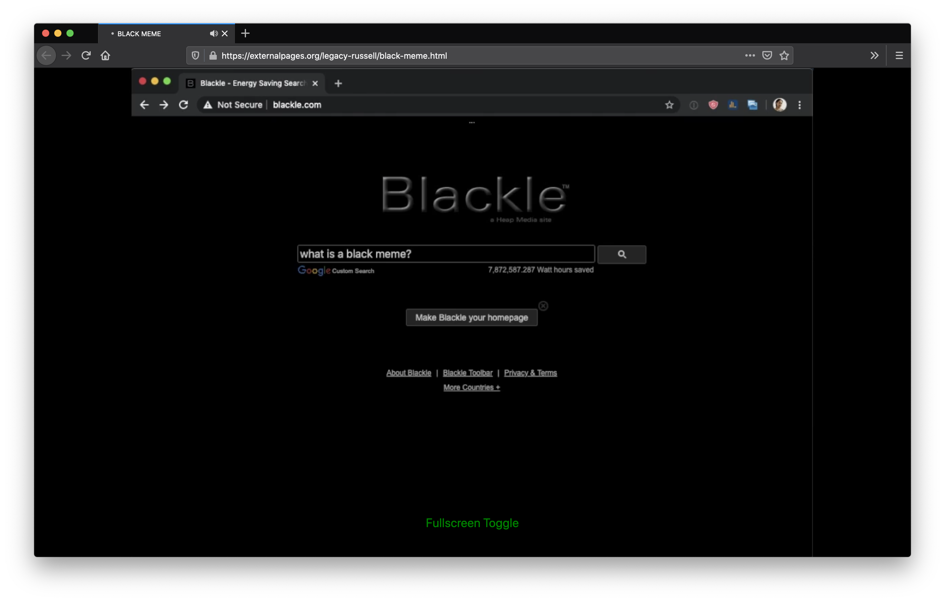 screenshot of a black webpage that looks like Google but the title instead reads Blackle