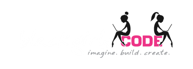 Logo with "black girls" typed in white handwriting, "code" in bold pink sans serif font, and grey handwritten text on the bottom. Graphic silhouettes of two girls sit with backs turned to each other on the "C" and "E", using laptops in their laps.