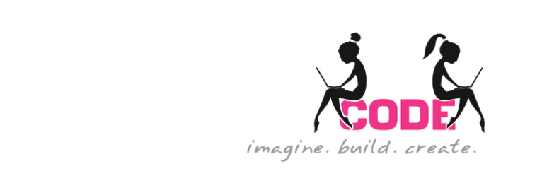 Logo with "black girls" typed in white handwriting, "code" in bold pink sans serif font, and grey handwritten text on the bottom. Graphic silhouettes of two girls sit with backs turned to each other on the "C" and "E", using laptops in their laps.