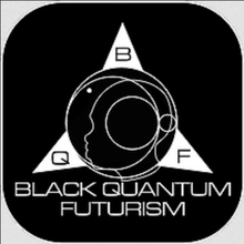 Black rounded square with an abstract line drawing of a head inside an astronaut helmet in the center. Three corners of triangles stick out with "B", "Q", and "F" in black on the tip of each triangle. White text is on the bottom inside the square.