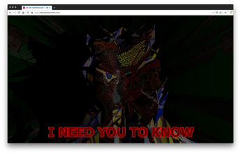screenshot of a black website with bold red text and the bottom and a faded colorful textured image in the background